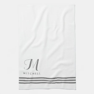 White and Grey Sophisticated Stripes and Monogram Kitchen Towel