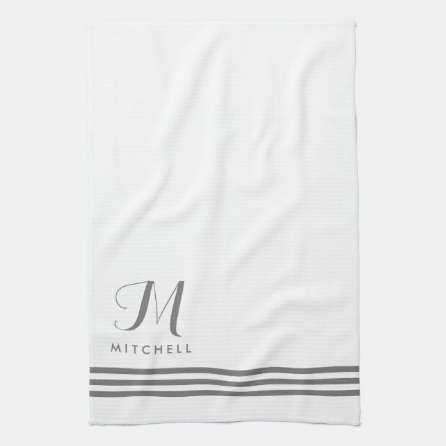 White and Grey Sophisticated Stripes and Monogram Kitchen Towel (Vertical)