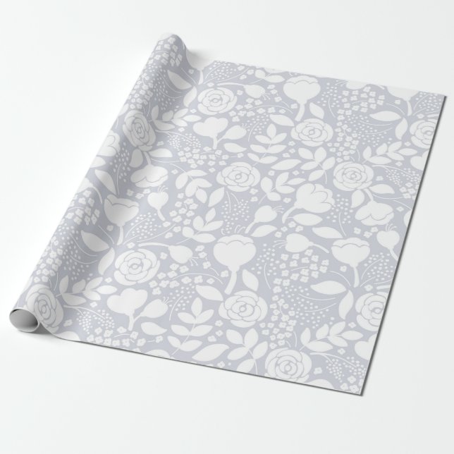 White and grey stylized roses & flowers pattern wrapping paper (Unrolled)