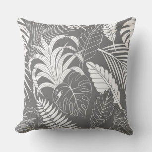 White and grey tropical leaves throw pillow