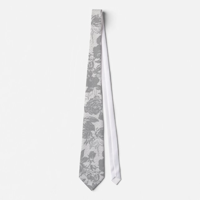 White and Grey Two Tone Foral Rose Pattern Tie (Front)