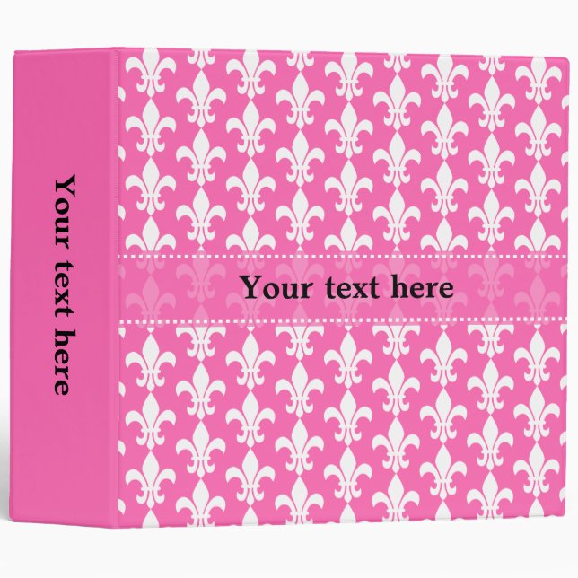 White and Hot Pink Fleur de Lis Pattern Binder (Front/Spine)