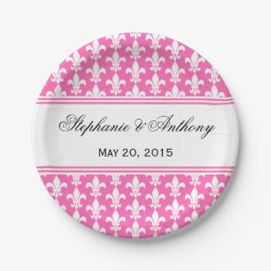 White and Hot Pink Fleur de Lis Wedding Paper Plate