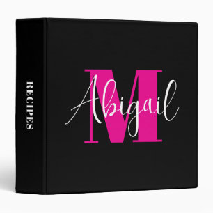 White and Hot Pink Modern Monogram Black Recipe Binder