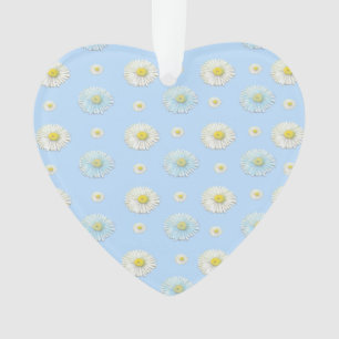 White and light blue Daisy Pattern Heart Ornament