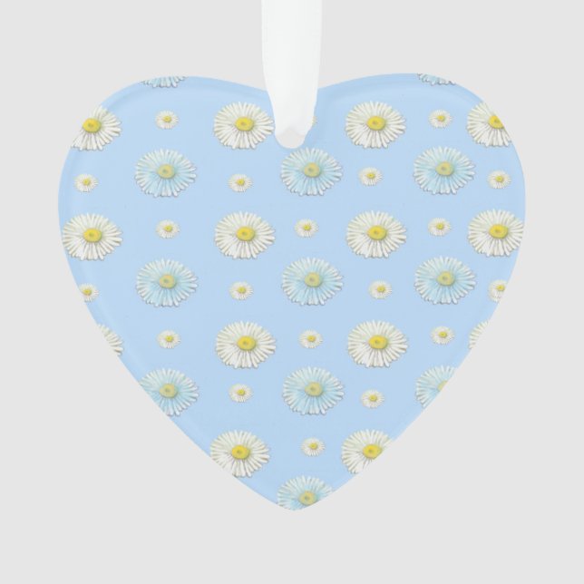 White and light blue Daisy Pattern Heart Ornament (Front)