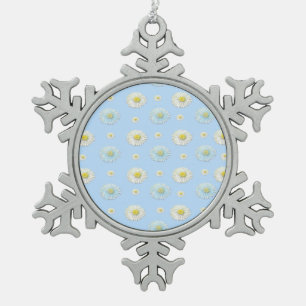 White and light blue Daisy Pattern   Snowflake Pewter Christmas Ornament