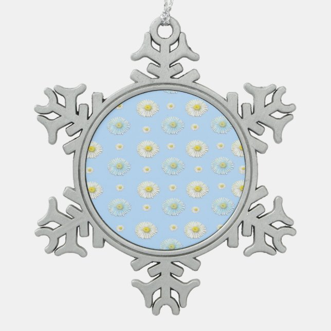 White and light blue Daisy Pattern   Snowflake Pewter Christmas Ornament (Front)