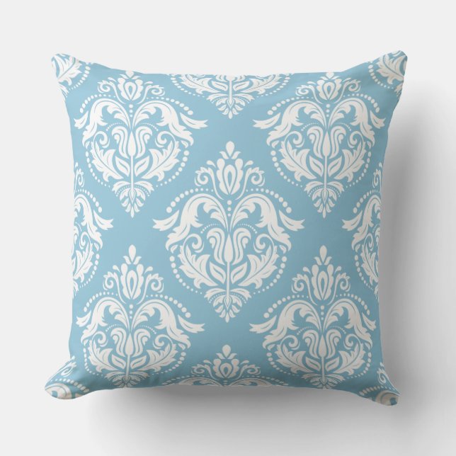 White And Light Blue Damasks Throw Pillow (Front)