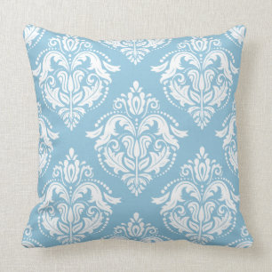 White And Light Blue Damasks Throw Pillow