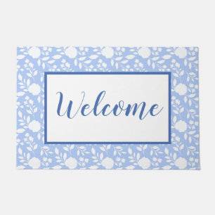 White and Light Blue Floral Doormat