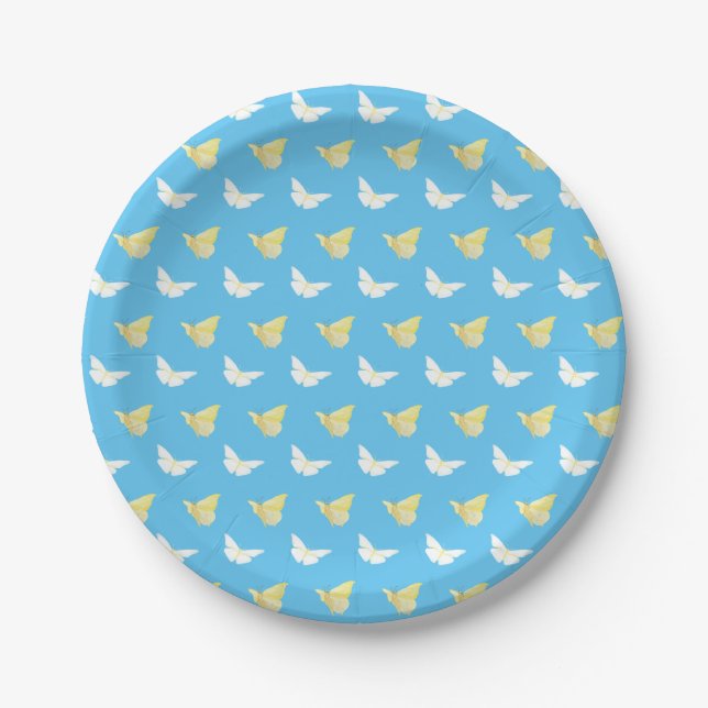 White and Light Yellow Butterflies Flying Blue Paper Plate (Front)