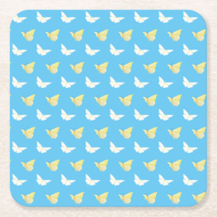 White and Light Yellow Butterflies Flying Blue Square Paper Coaster