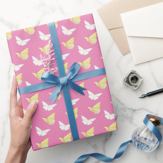 White and Light Yellow Butterflies Flying Pink Wrapping Paper (Gifting)