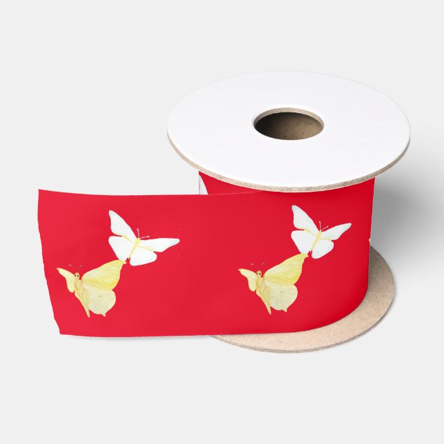 White and Light Yellow Butterflies Flying Red Satin Ribbon (Spool)