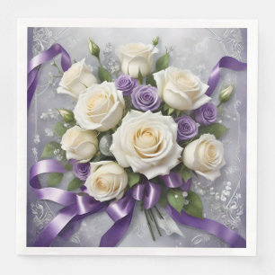 White and lilac roses bouquet with lilac ribbons napkin