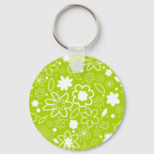 White and Lime Green Floral Pattern Keychain