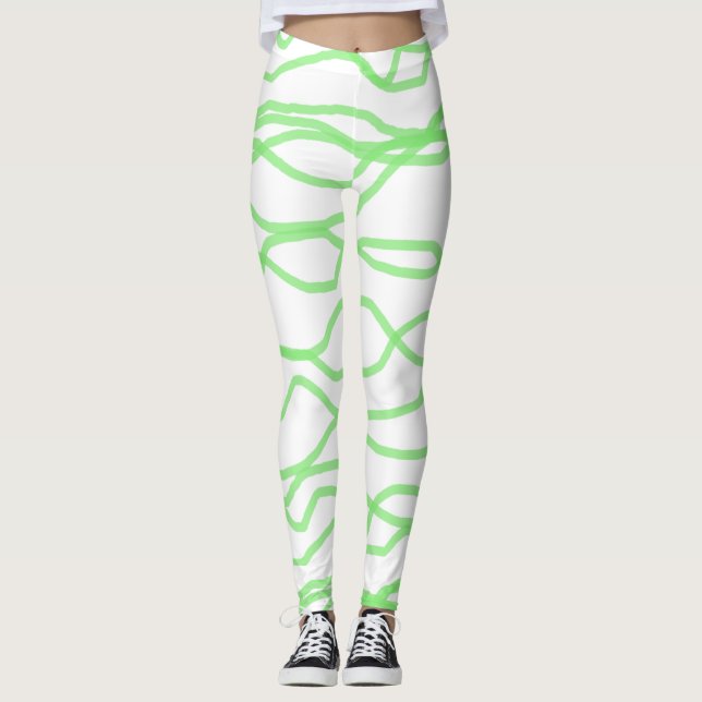 White and Lime Green Squiggly Abstract Leggings (Front)