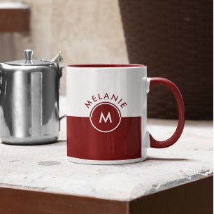 White and maroon split-screen monogram mug