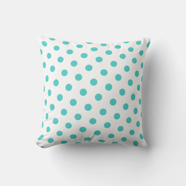 White and Medium Turquoise Polka Dots Throw Pillow (Front)