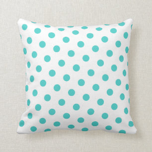 White and Medium Turquoise Polka Dots Throw Pillow