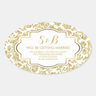 White And Metallic Gold Floral Damasks 3a Pattern Oval Sticker