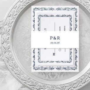 White and Midnight Blue   Simple Monogram Invitation Belly Band