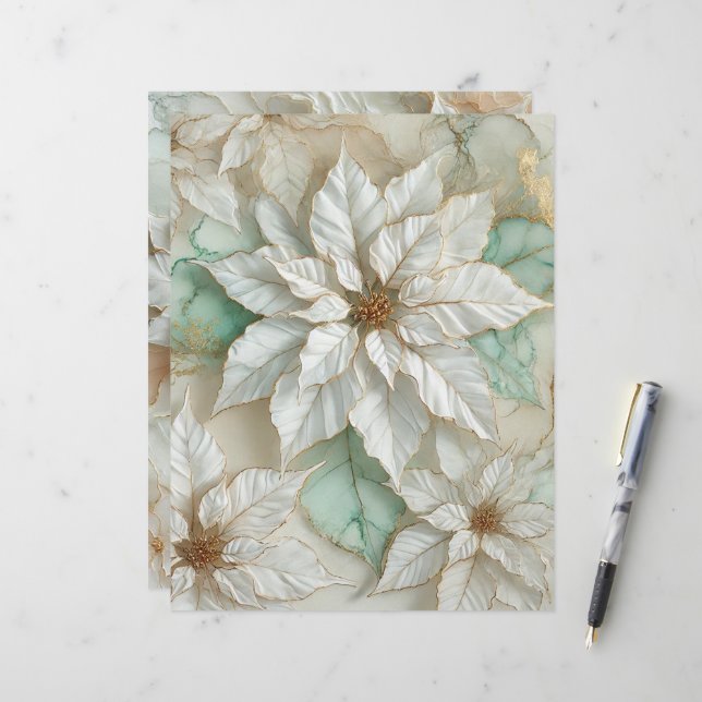 White and Mint Alcohol Ink Poinsettia Scrapbook (Front/Back In Situ)