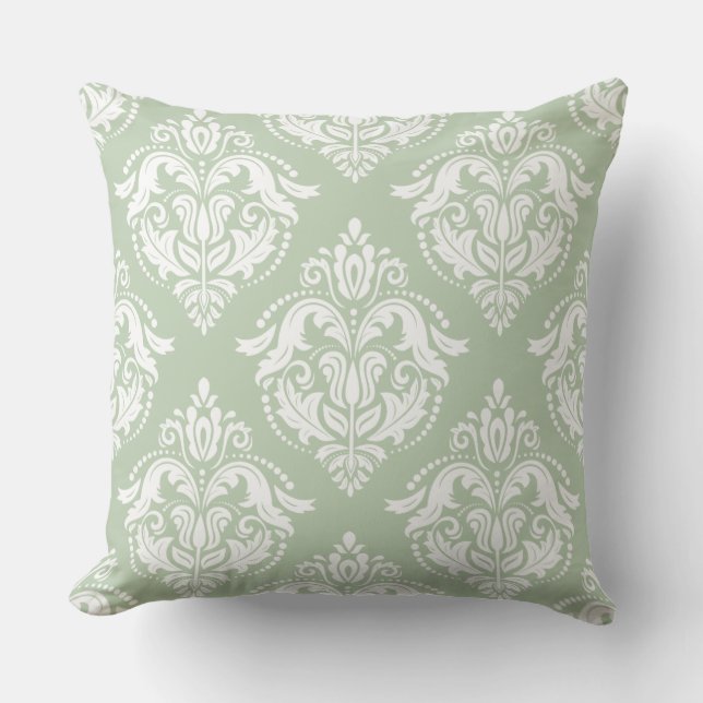 White And Mint-Green Damasks Throw Pillow (Front)