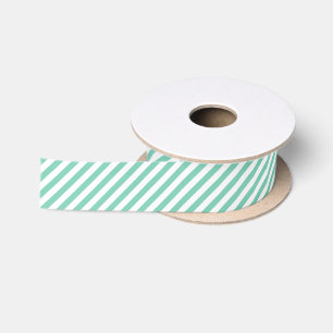 White and Mint Green Diagonal Stripes Satin Ribbon