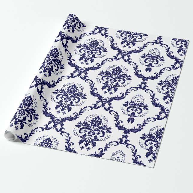 White And Navy Blue Floral Damasks Wrapping Paper (Unrolled)