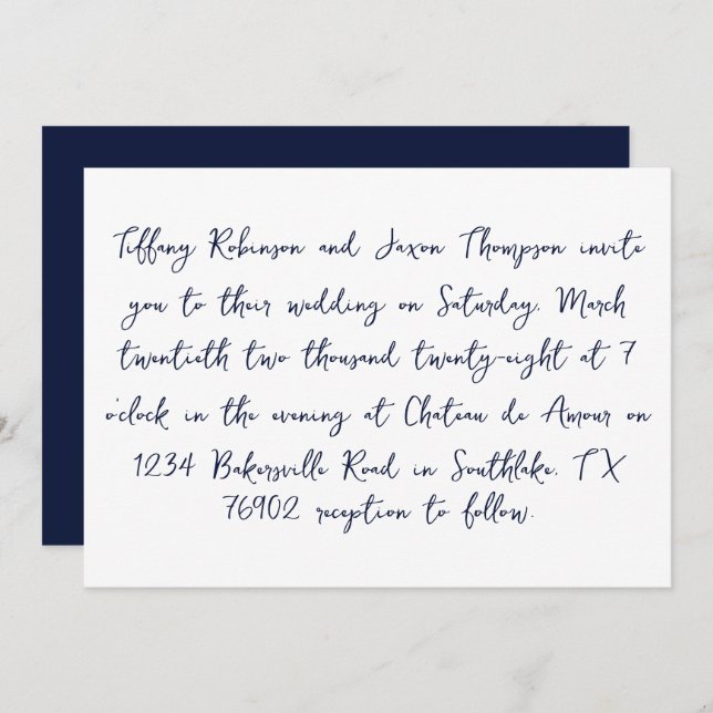 White and Navy Blue Handwritten Style Wedding Invitation (Front/Back)