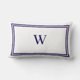  White and Navy Blue Stripe Border Monogram Lumbar Pillow