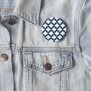 White and Navy Blue Trellis, Lattice, Quatrefoil 2 Inch Round Button
