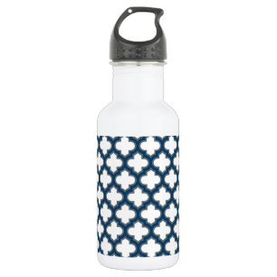 White and Navy Blue Trellis, Lattice, Quatrefoil 532 Ml Water Bottle