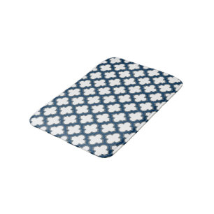 White and Navy Blue Trellis, Lattice, Quatrefoil Bath Mat