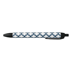 White and Navy Blue Trellis, Lattice, Quatrefoil Black Ink Pen