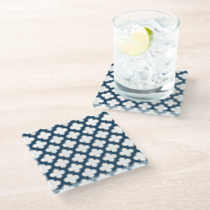 White and Navy Blue Trellis, Lattice, Quatrefoil Glass Coaster