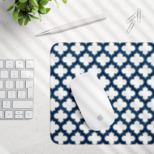 White and Navy Blue Trellis, Lattice, Quatrefoil Mouse Pad