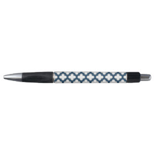 White and Navy Blue Trellis, Lattice, Quatrefoil Pen