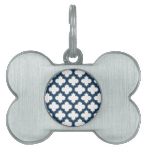 White and Navy Blue Trellis, Lattice, Quatrefoil Pet ID Tag