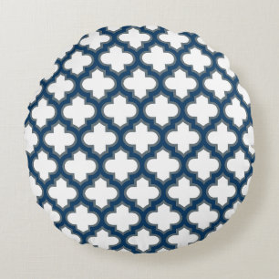 White and Navy Blue Trellis, Lattice, Quatrefoil Round Pillow