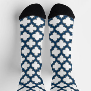 White and Navy Blue Trellis, Lattice, Quatrefoil Socks