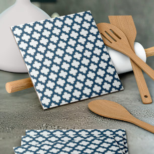 White and Navy Blue Trellis, Lattice, Quatrefoil Tile