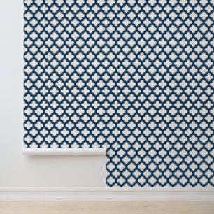 White and Navy Blue Trellis, Lattice, Quatrefoil Wallpaper