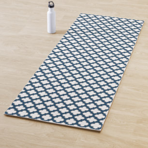 White and Navy Blue Trellis, Lattice, Quatrefoil Yoga Mat