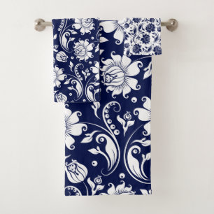 White and navy blue vintage damasks pattern bath towel set