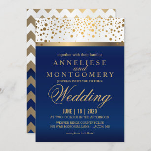 White and Navy Blue with Gold Dots - Invitation