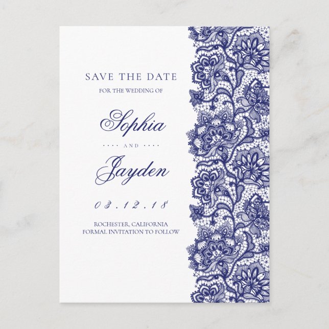 White and Navy | Elegant Lace Save the Date Announcement Postcard (Front)