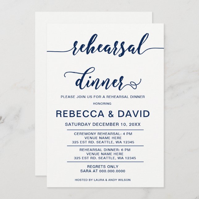 white and Navy Elegant Script Rehearsal Dinner Invitation (Front/Back)